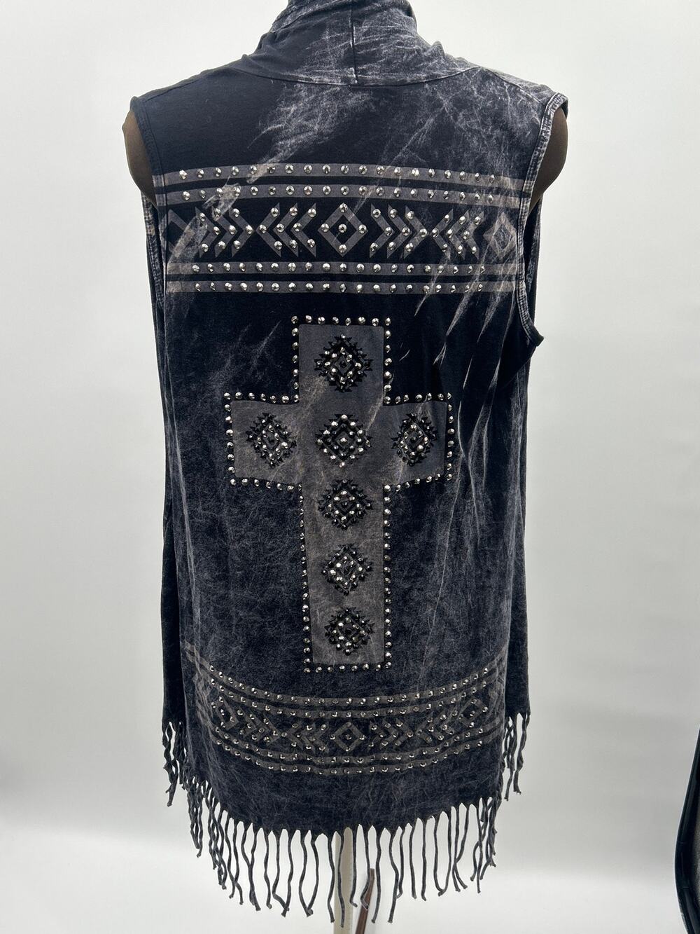 Vocal Studded Cross Fringe Vest Large Boho Western Gothic Moto Biker Made in USA